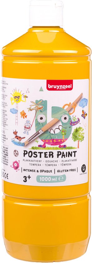 Peinture poster Bruynzeel, 1 litre, jaune soleil. Le flacon a une étiquette blanche et orange avec un dessin d'enfants peignant.