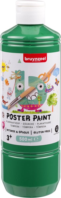 Bouteille verte de Peinture Poster Bruynzeel, 500ml. Avec monstre cartoon et pinceau sur l'étiquette.