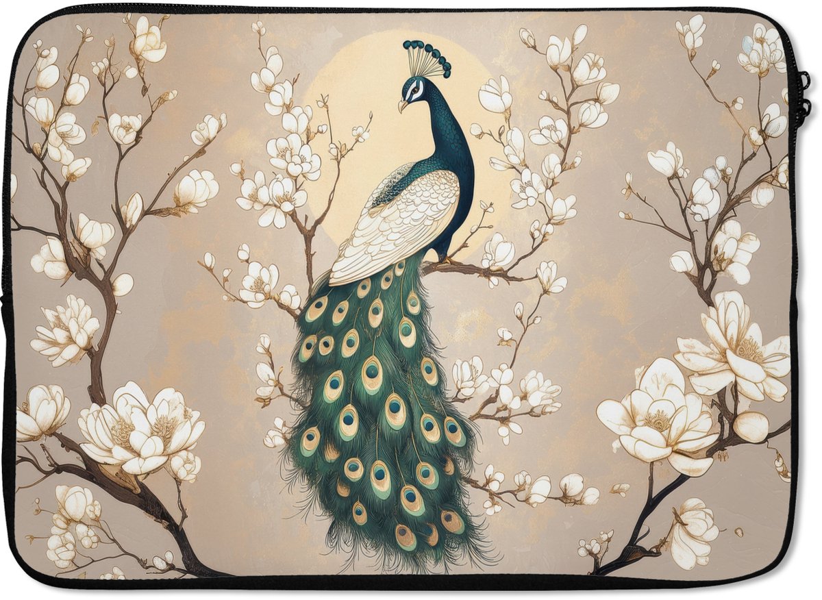 Laptophoes 14 inch - Pauw - Tak - Bloemen - Laptop sleeve - Binnenmaat 33x23 cm - Zwarte achterkant