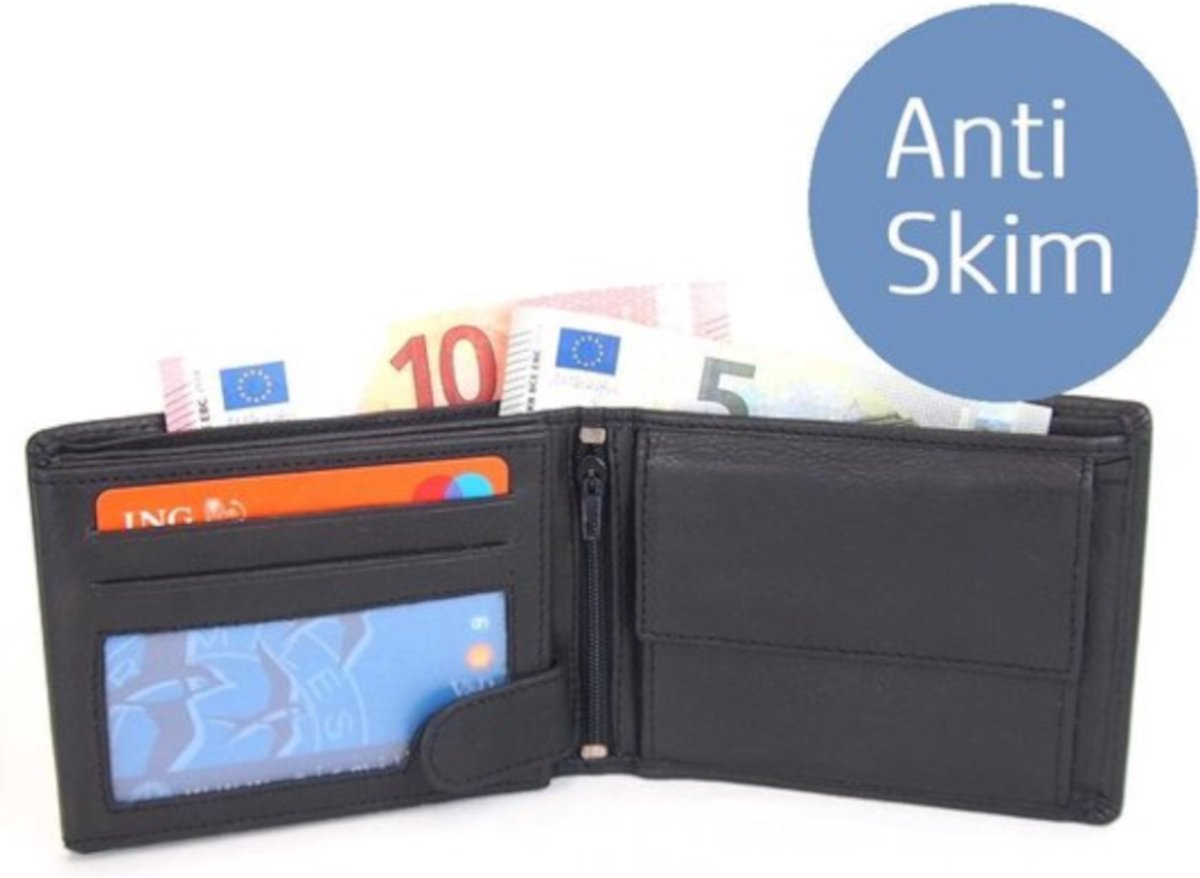 Zwarte Heren Portemonnee - Billfold -10 pasjes - Anti-Skim