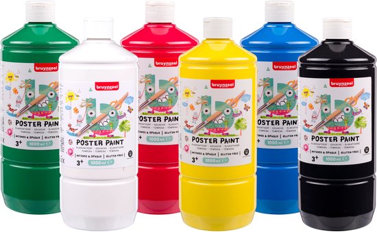Zes flessen Bruynzeel plakkaatverf in groen, wit, rood, geel, blauw en zwart, elk 1 liter.