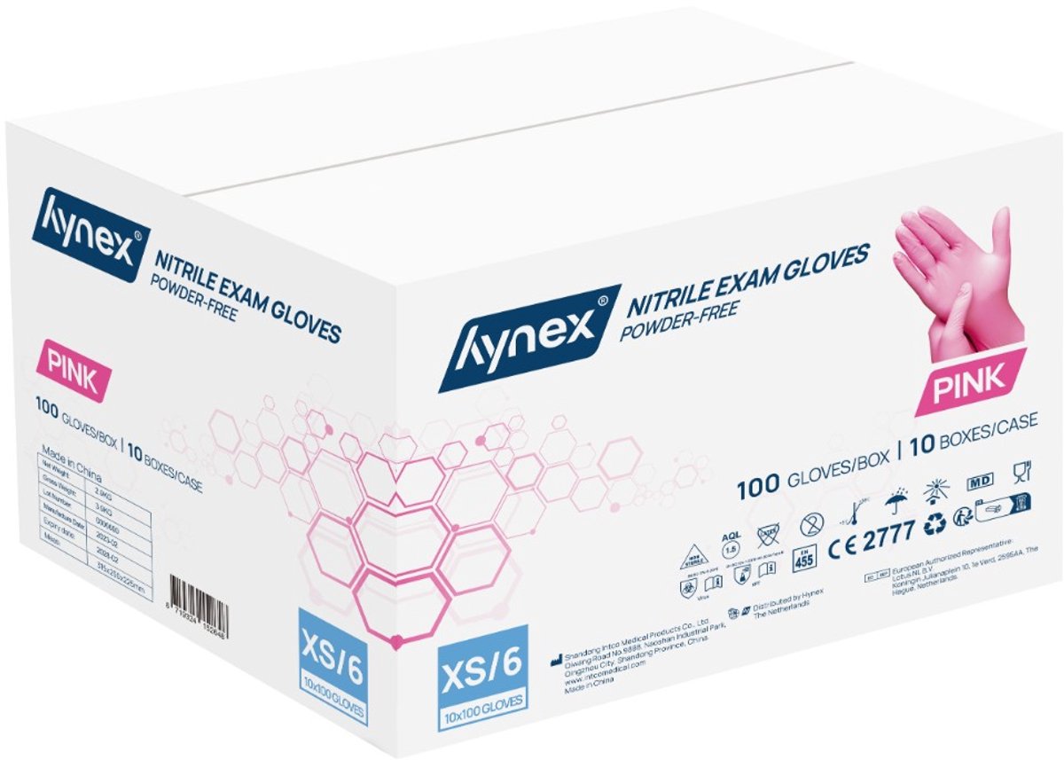 Hynex Nitril Wegwerphandschoenen – Maat XS – Roze – Omdoos 1000 Stuks (10 x 100) – 3,5 Gram – Poedervrij & Latexvrij – Voor Zorg, Horeca & Schoonmaak