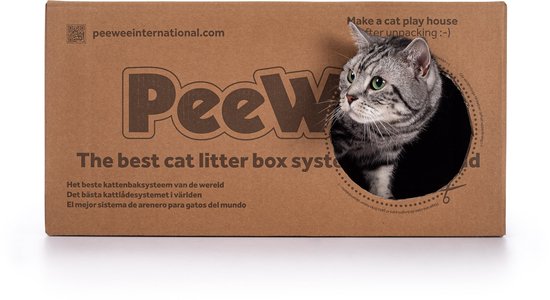 Kartonnen doos met kattenafbeelding, tekst 'PeeWee The best cat litter box system'.
