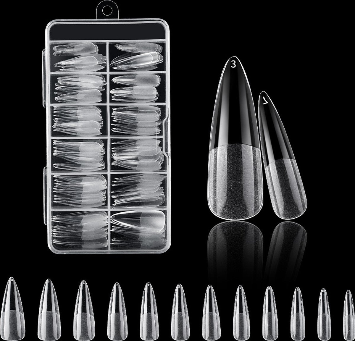 Nifkos 182 - Stiletto cq Waterdrop Half Frosted - Full Cover - Nageltips - Nepnagels - Plaknagels - In Assortimentsbox - 120 stuks 12 maten - Voor Gellak Acrylnagellak en PolyGel nagels - Royala Frosted Tips Line