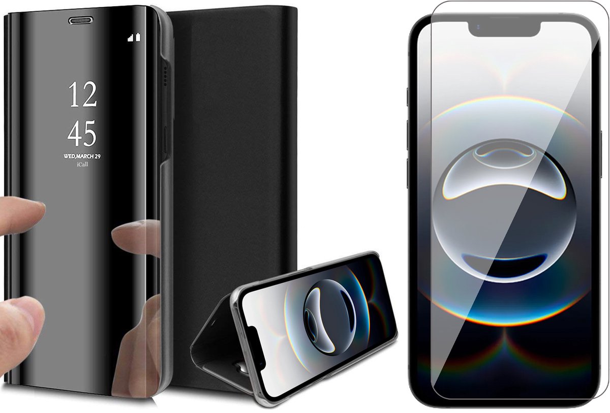 Hoesje geschikt voor iPhone 16e - Screenprotector Glas - Spiegel Book Case Zwart