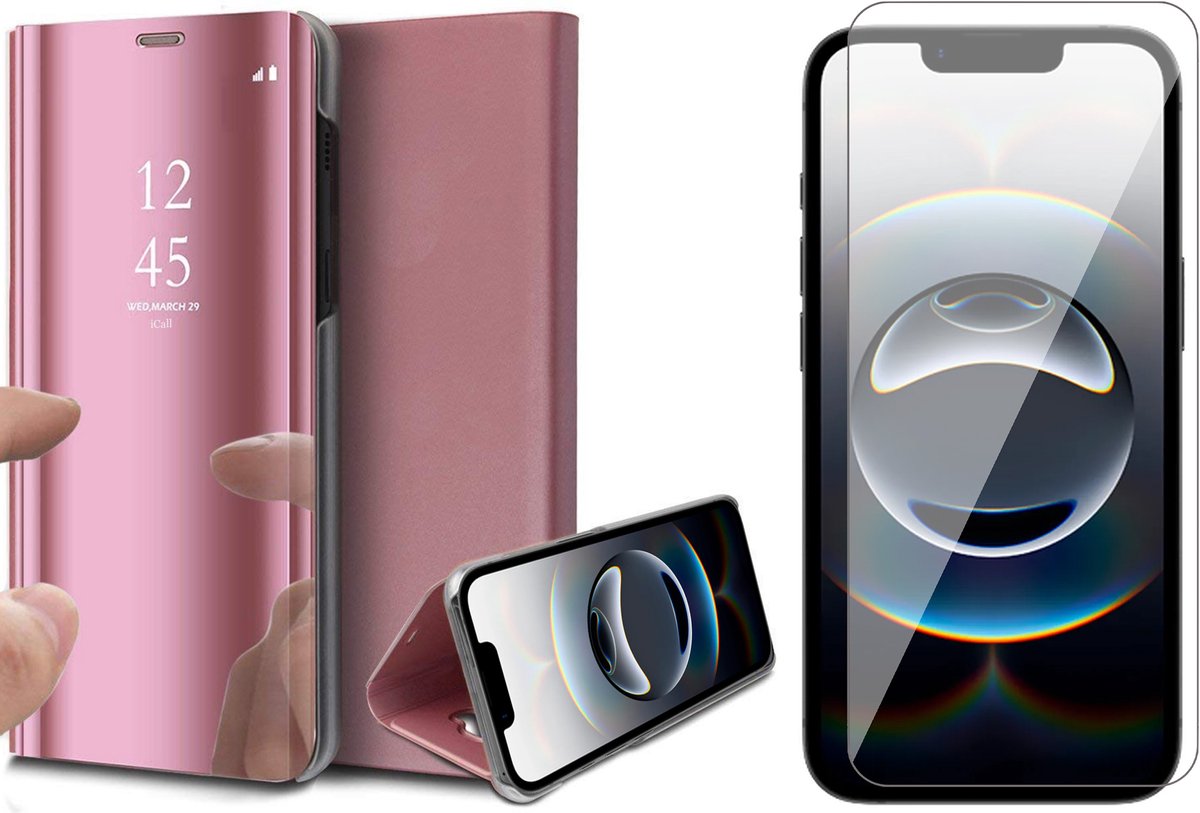 Hoesje geschikt voor iPhone 16e - Screenprotector Glas - Spiegel Book Case Rosegoud