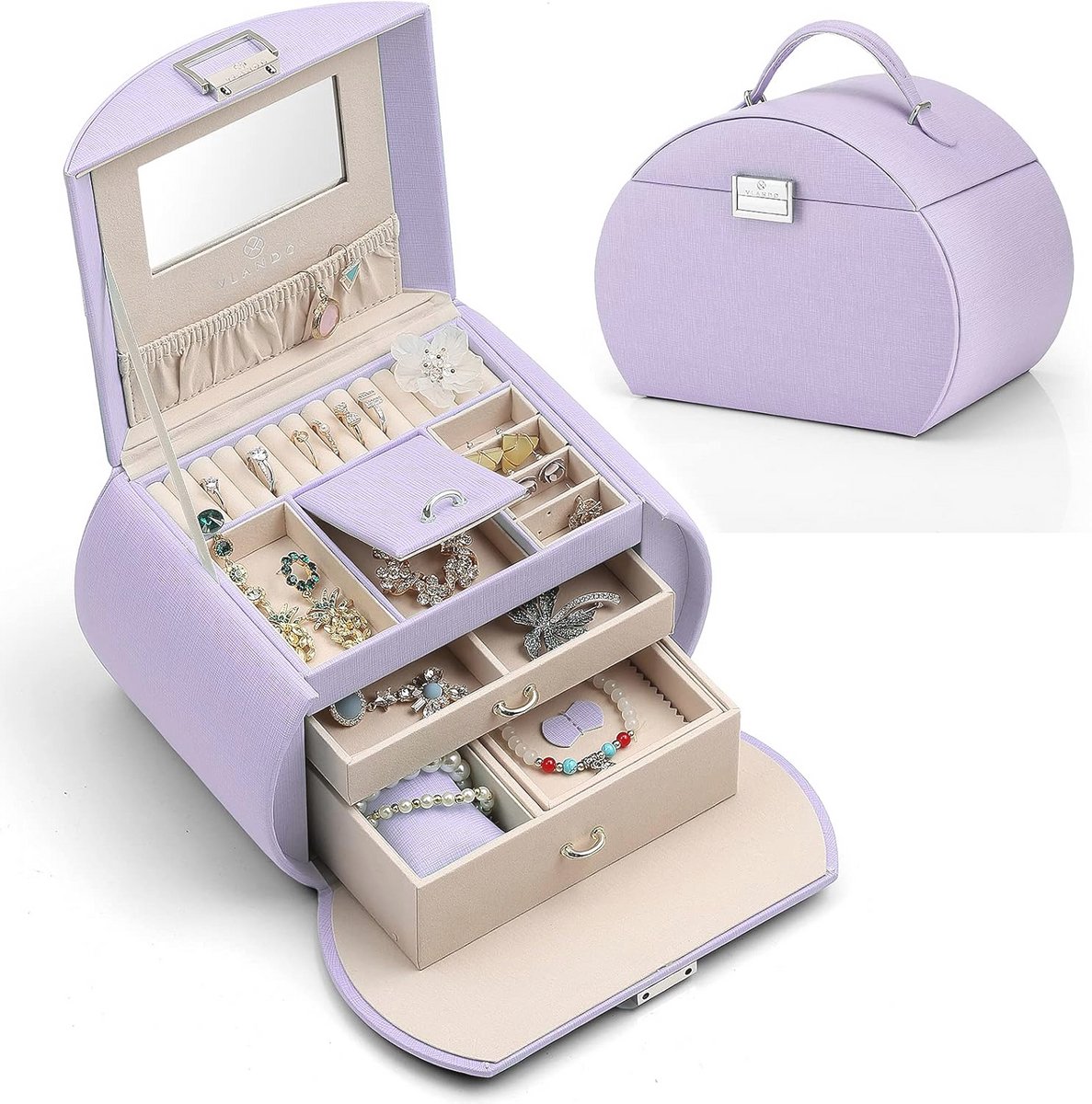 Sieradendoos met Spiegel en Handvat - 3 Niveaus voor Ringen, Halskettingen en Horloges - Stijlvol Cadeau voor Vrouwen
