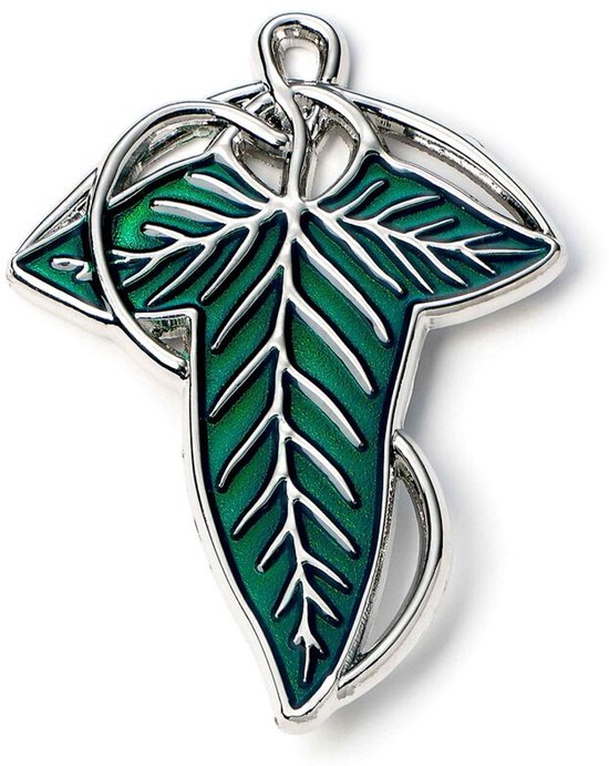 Broche argentée en forme de feuille verte, inspirée du Seigneur des Anneaux.