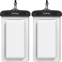 Twee witte waterdichte telefoonhoesjes van Earkings, zonder telefoon.