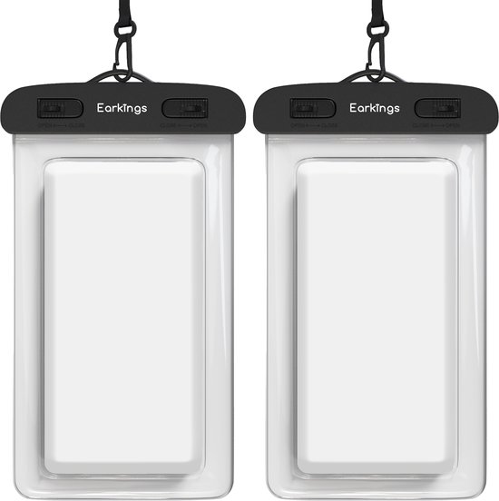Twee witte waterdichte telefoonhoesjes van Earkings, zonder telefoon.