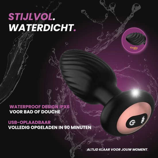 Zwarte anale stimulator met waterdruppels, IPX6 waterdicht.