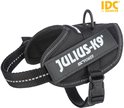 Zwart IDC-harnas met reflecterende strepen en 'JULIUS-K9 IDCPOWER'-logo.
