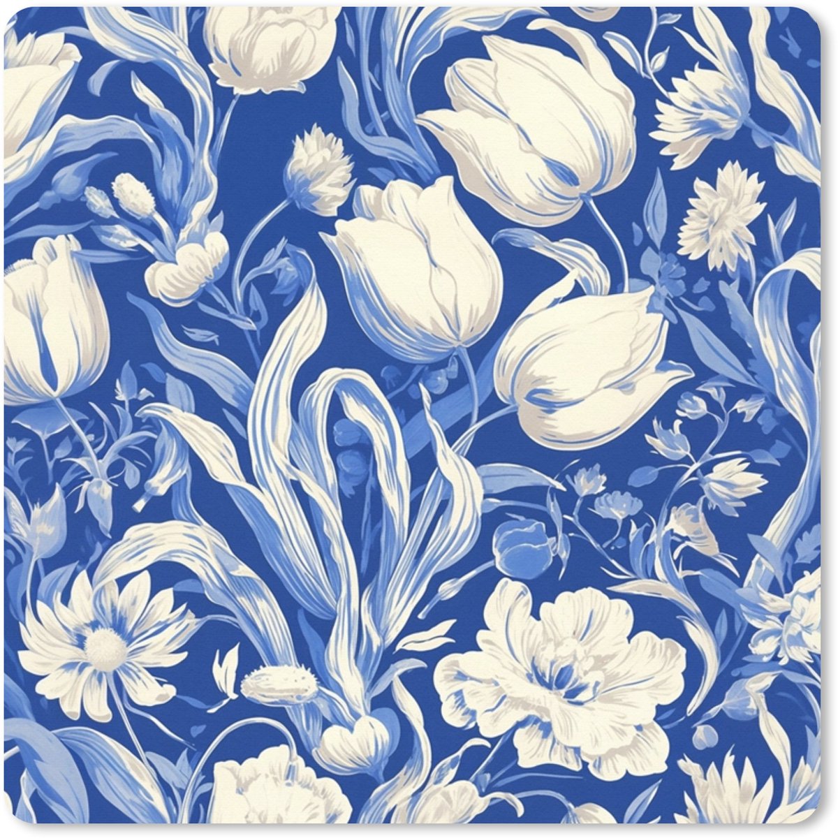 Muismat XXL 50x50 cm - Bureau onderlegger - Bureau mat Bloemen - Delfts Blauw - Patroon - Tulp - Bureaumat - Gaming mousepad xl - Bureaulegger groot - Computer deskmat