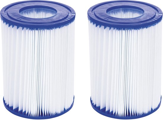 Twee witte, cilindervormige zwembadfilters met geplooide zijden en blauwe randen, naast elkaar.