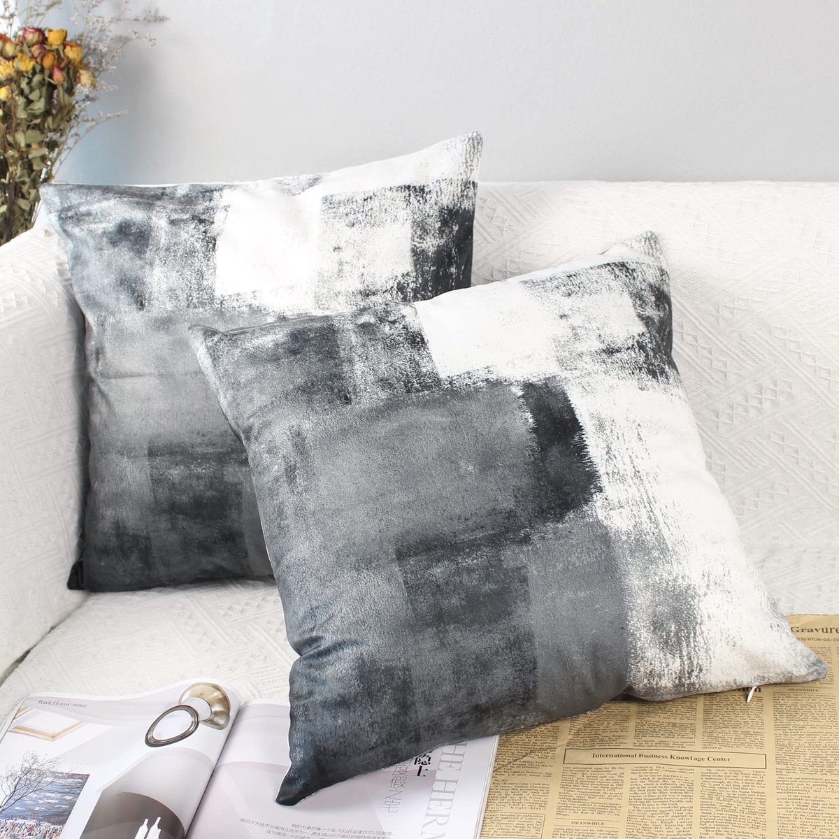 Ibenzoa Set van 2 Luxe Fluwelen Kussenslopen voor Binnen en Buiten - Grijs, Vierkant, 40 x 40 cm grijswit