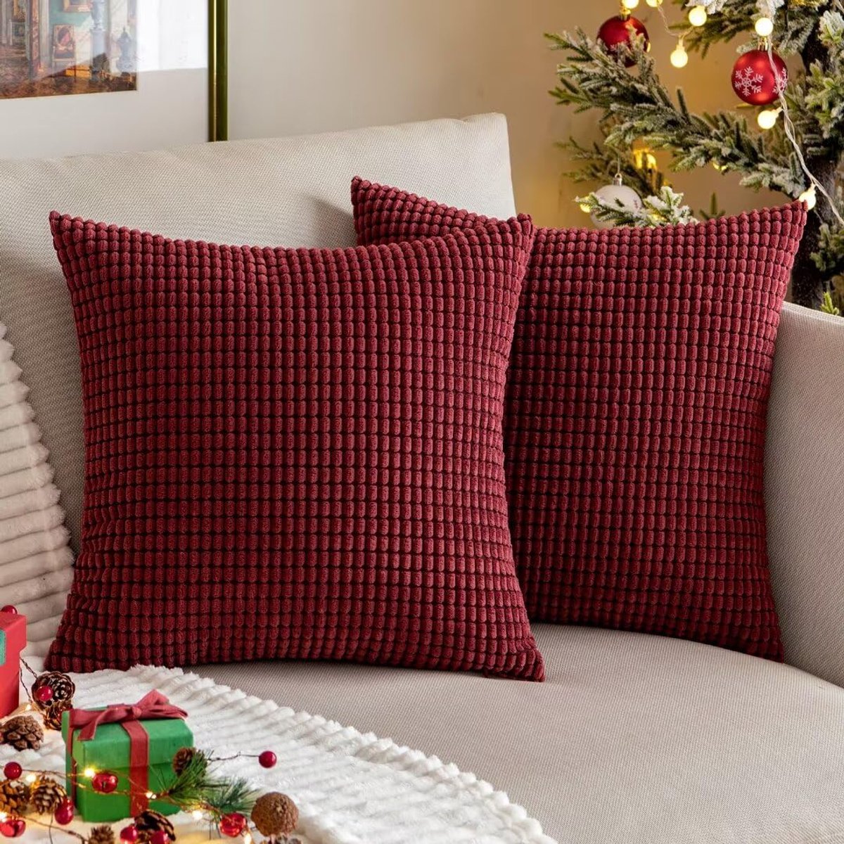 Ibenzoa Kussenslopen Set van 2 voor Sierkussens - Corduroy Textuur, Decoratief en Stijlvol, 40 x 40 cm, Wijnrood