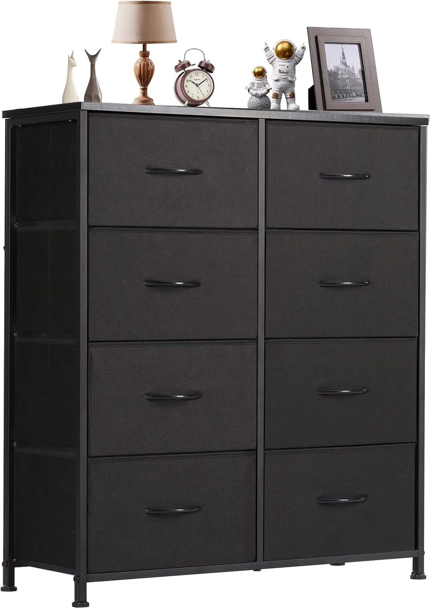 Ladekast voor slaapkamer met 8 stoffen laden, hoge ladekast organizer voor kleding, kast kinderkamer, opbergtoren met kast, metalen frame, houten blad, lichtgewicht kinderkamermeubilair HMTM-SC-8D-ZWART