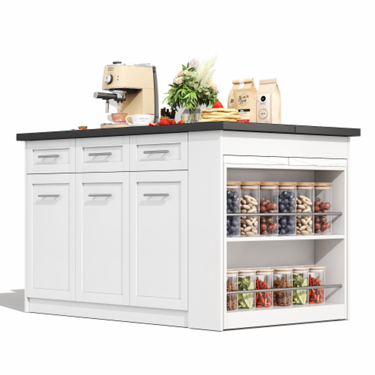 Merax Keukeneiland 150 Cm - Kookeiland Met Uittrekbare Eettafel En Marmerlook Werkblad Wit Met Opbergruimte