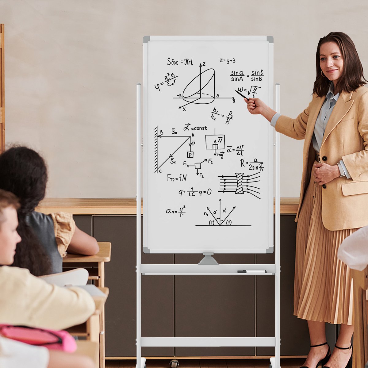 COSTWAY Dubbelzijdig mobiel whiteboard, 60 x 100 cm, in hoogte verstelbaar magnetisch whiteboard met wieltjes, standaard en pennenbakje, incl. accessoires voor school, kantoor, thuis (wit) thumbnail 6
