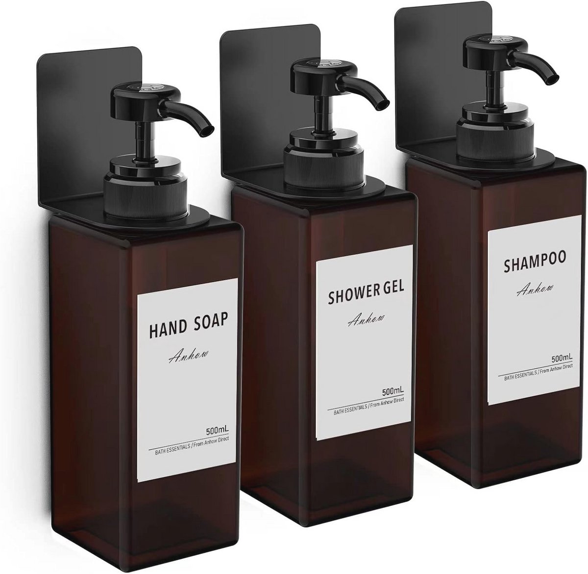 Set Van 3 Wandgemonteerde Zeepdispensers 500 ml met Labels Zonder Boren voor Keuken en Badkamer - Bruin