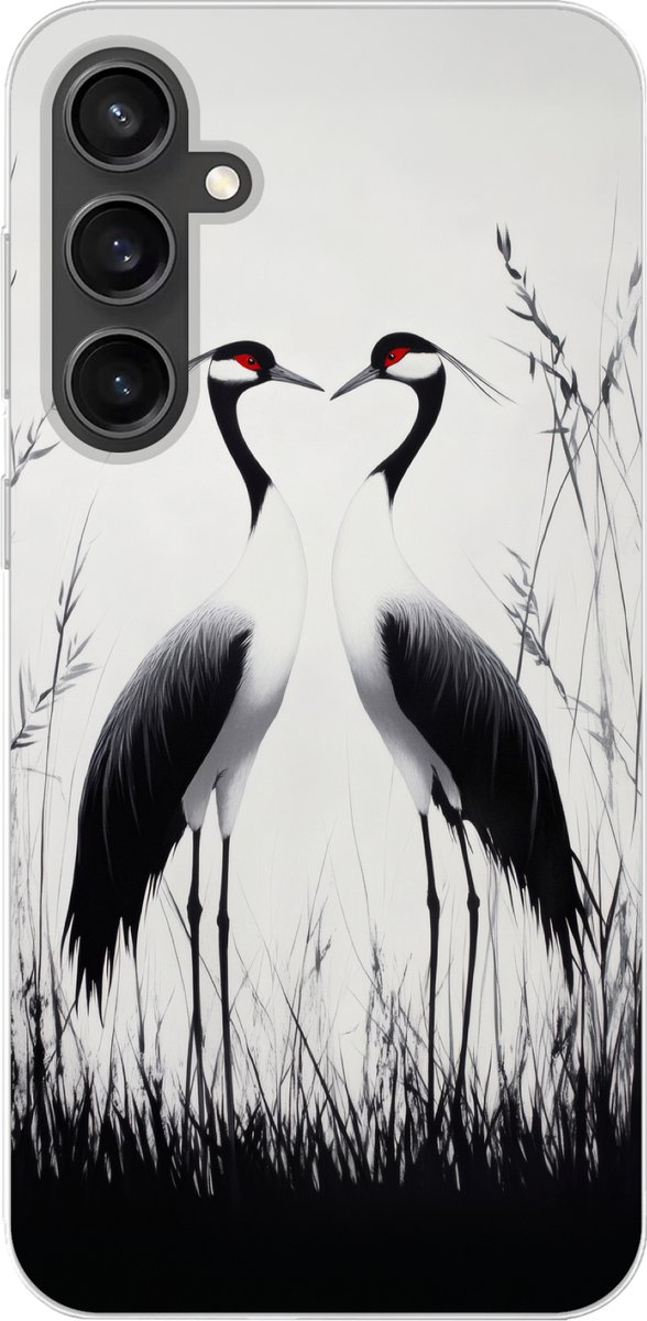 Telefoonhoesje Geschikt voor Samsung Galaxy S23 FE hoesje - Kraanvogels - Gras - Hartvorm - Zwart - Siliconen Telefoonhoesje Telefoonhoesje