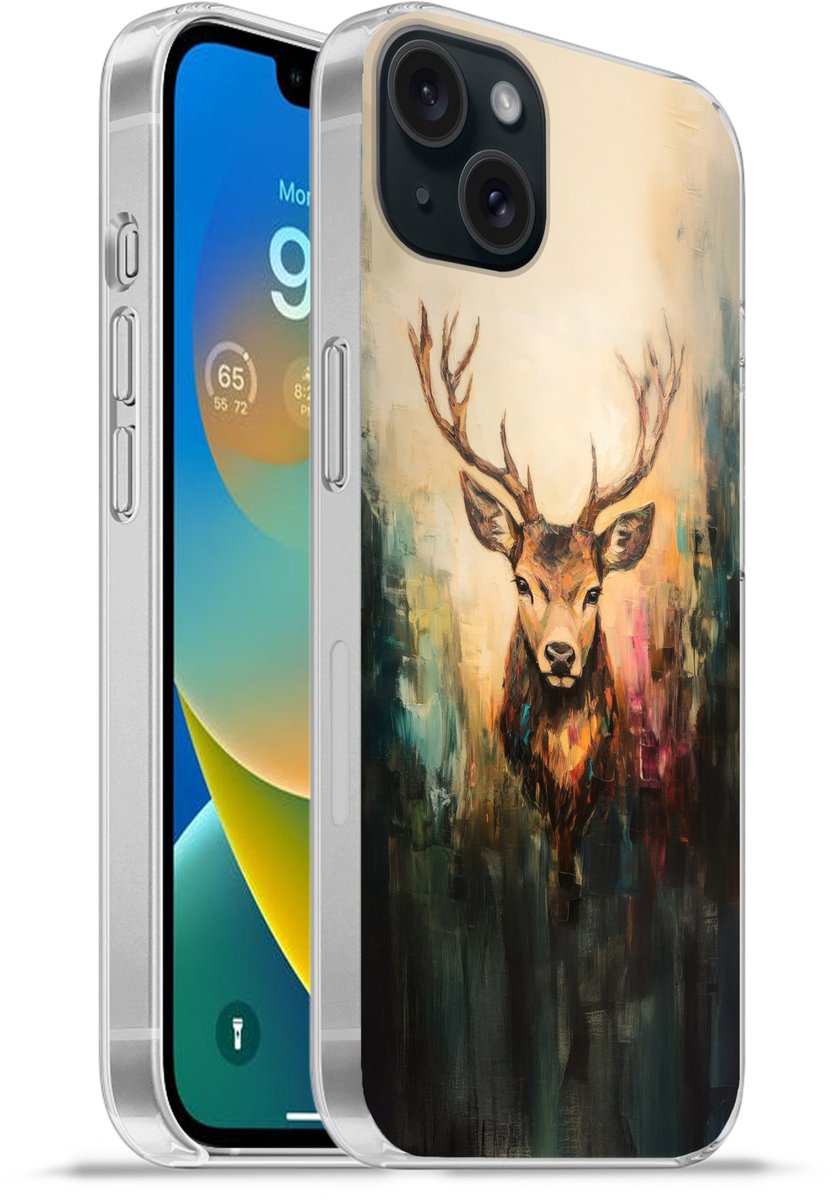 Telefoonhoesje Geschikt voor iPhone 15 Plus hoesje - Hert - Geverfd - Gewei - Bruin - Siliconen Telefoonhoesje Telefoonhoesje