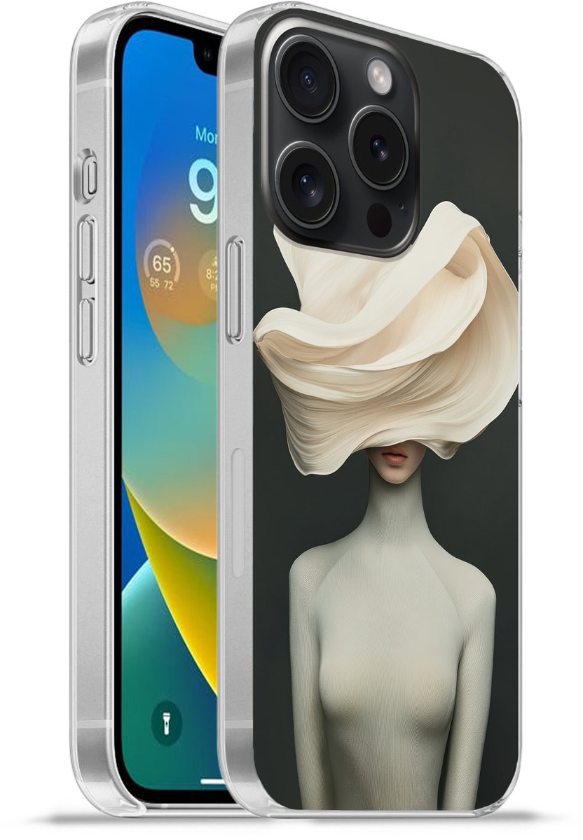 Telefoonhoesje Geschikt voor iPhone 15 Pro hoesje - Vrouw - Beige - hoed - Siliconen Telefoonhoesje Telefoonhoesje