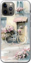 Telefoonhoesje Geschikt voor iPhone 13 Pro hoesje - Fiets - Pastelkleuren - Bloemen - Siliconen Telefoonhoesje Telefoonhoesje
