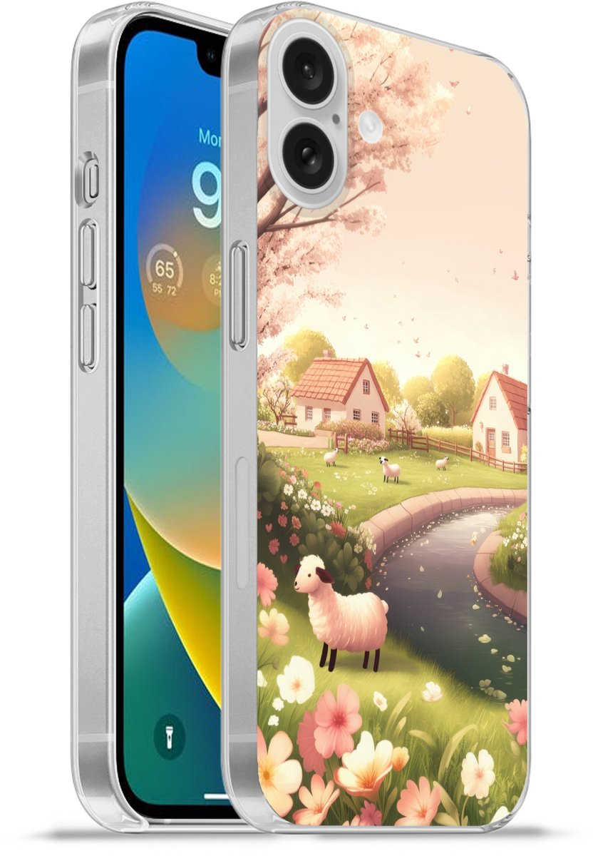 Telefoonhoesje Geschikt voor Apple Iphone 16 Plus hoesje - Schapen - Huisje - Platteland - Siliconen Telefoonhoesje Telefoonhoesje