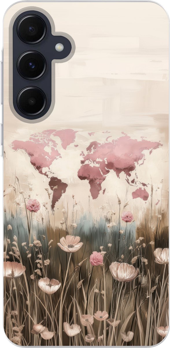 Telefoonhoesje Geschikt voor Samsung Galaxy A55 hoesje - Wereldkaart - Roze - Bloemen - Siliconen Telefoonhoesje Telefoonhoesje