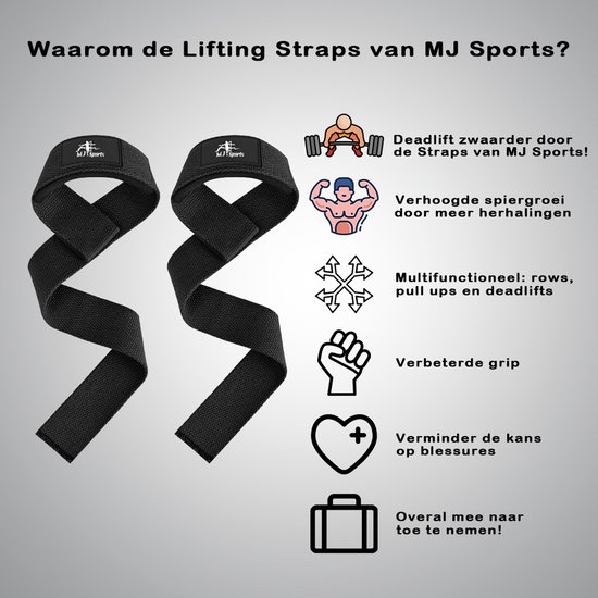 Set de sangles de levage MJ Sports Premium - Poignées de levage (2 pièces) - Rembourrage - Crochets - Fitness - Powerlifting - Musculation - Deadlift