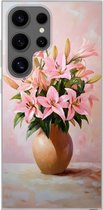Telefoonhoesje Geschikt voor Samsung Galaxy S24 Ultra hoesje - Vaas - Bloemen - Roze - Siliconen Telefoonhoesje Telefoonhoesje