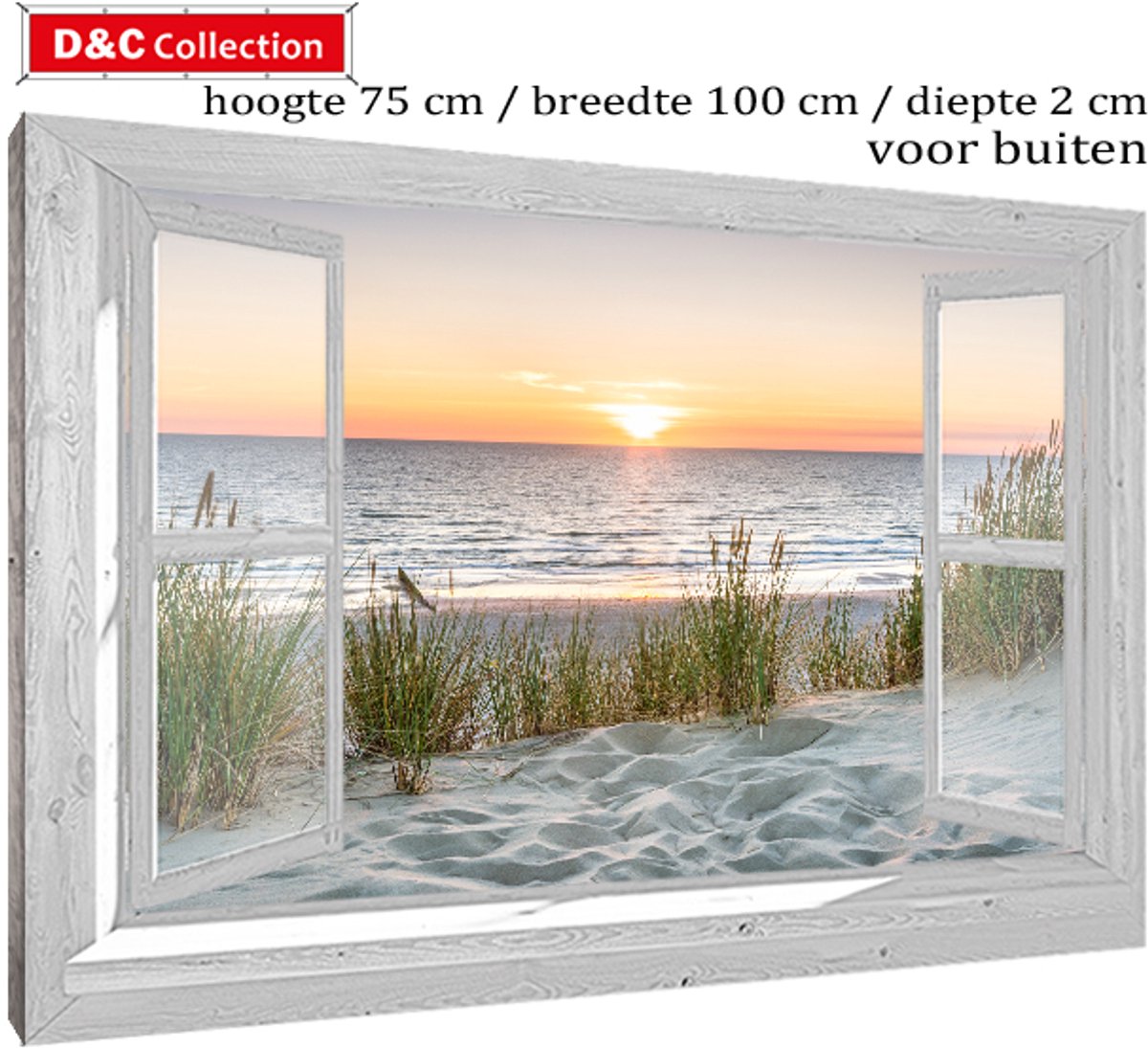 D&C Collection Tuincanvas venster doorkijk zeezicht - 75x100x2 cm - doorkijk poster wit raam met houtnerf print - tuindoek strand - zonsondergang - tuindecoratie - tuinposter voor buiten - op houten frame gespannen wit, groen, blauw