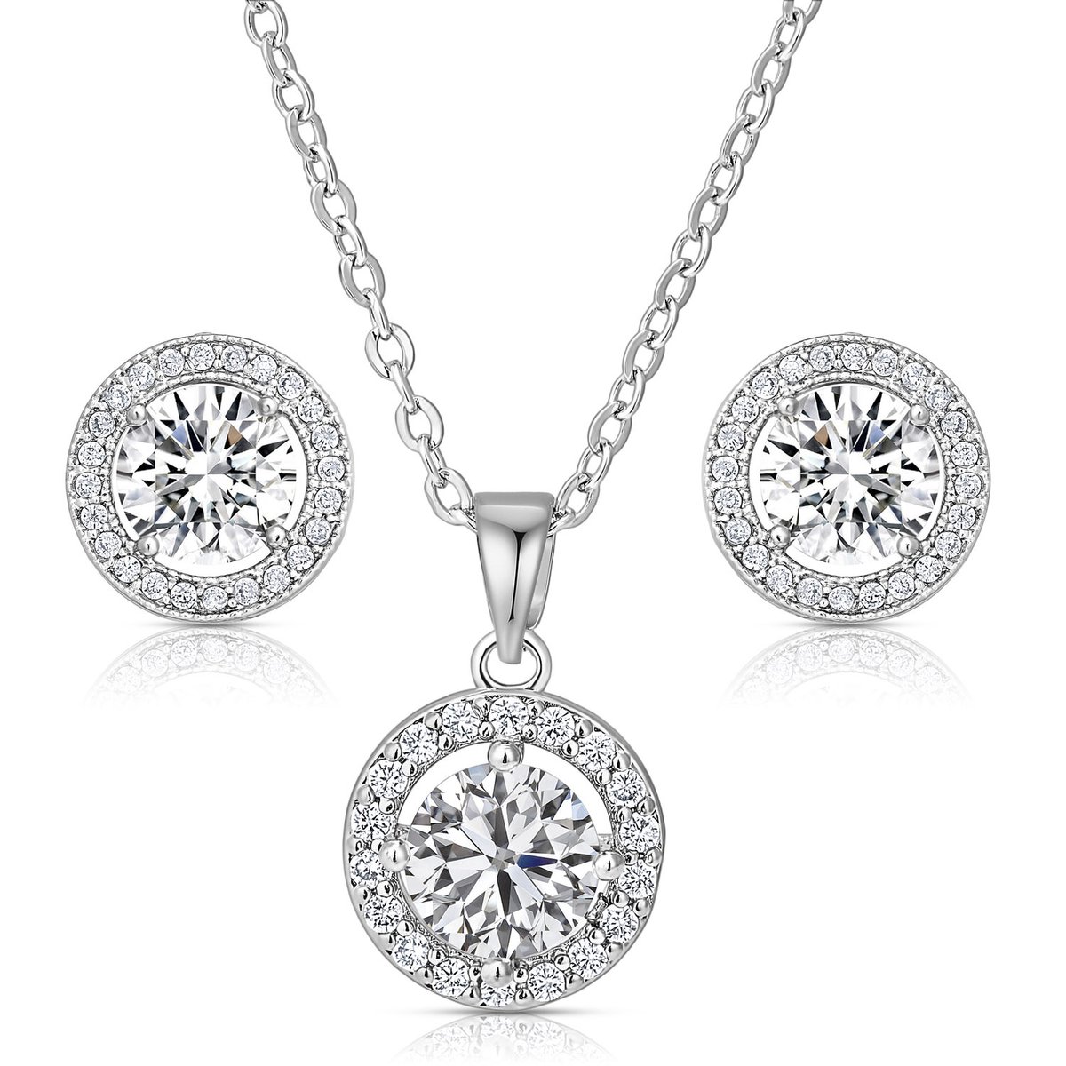 Juwelium Ronde Ketting en Oorbellen Set Verstelbaar 40 tot 50 cm met Zirkonia Kristallen in Luxe Sieradendoos met Rozen en Pluche Teddybeer van 22 cm met "I Love You" Tekst– Perfect Cadeau voor Vrouw, Vriendin, Moeder, Dochter