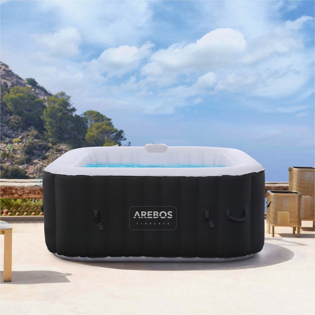 Opblaasbare Whirlpool Florence – 2400W | 154 x 154 x 65 cm | 4 Persoons Jacuzzi | 100 Massagejets | Tot 40°C Verwarming | Opblaasbare Spa Binnen & Buiten | Inclusief Afdekking & Accessoires