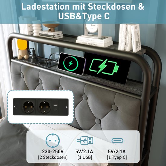 Polsterbett - Einzelbett - avec chargement USB Type C Fonction de chargement - APP-Control LED Bettgestell - Metallbett - 90x200 - Bettrahmen - 2 étagères - Samt - Sans Matras