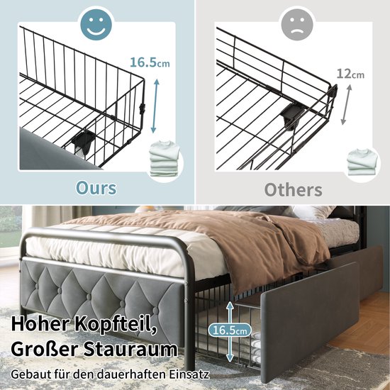 Polsterbett - Einzelbett - avec chargement USB Type C Fonction de chargement - APP-Control LED Bettgestell - Metallbett - 90x200 - Bettrahmen - 2 étagères - Samt - Sans Matras
