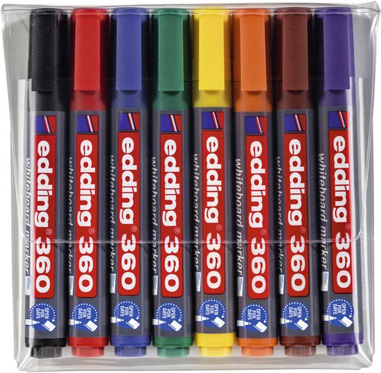 edding 360 whiteboardmarker set - diverse kleuren - 8 whiteboard stiften - ronde punt 1,5 - 3 mm - boardmarker uitwisbaar - voor whiteboard, flipchart, prikbord, memobord - sketchnotes - navulbaar - in kartonnen verpakking