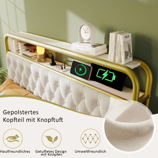 Polsterbett - Doppelbett - avec chargement USB Type C Fonction de chargement - APP-Control LED Bettgestell - Metallbett - 140x200 - Bettrahmen - 4 étagères - Samt - Sans Matras