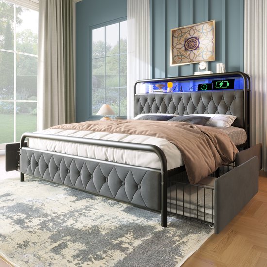 Polsterbett - Doppelbett - met aufladen USB Type C Ladefunktion - APP-Control LED Bettgestell - Metallbett - 140x200 - Bettrahmen - 4 Schubladen - Samt - Zonder Matras