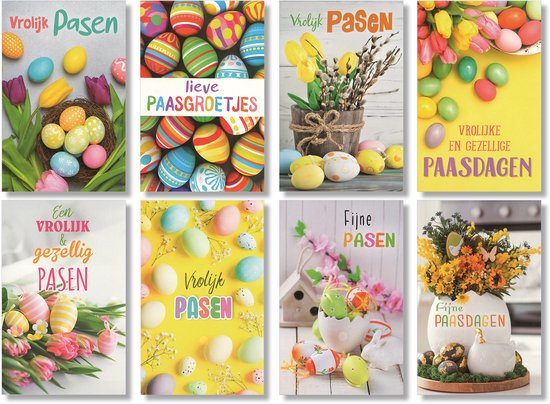 8 Paaskaarten met envelop - Pasen - Tulp - Narcis - Eieren - 11 x 17 cm - Wenskaarten