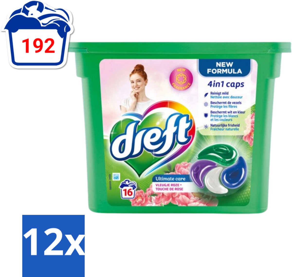 12 x Dreft - Nieuwe Formule - Wasmiddelcapsules 4in1 - Witte en Gekleurde Was - Vleugje Roze - 16 Wasbeurten - Wasmiddelcapsules - Wascapsules - Wasmiddel - Waspoeder - Kleurbescherming