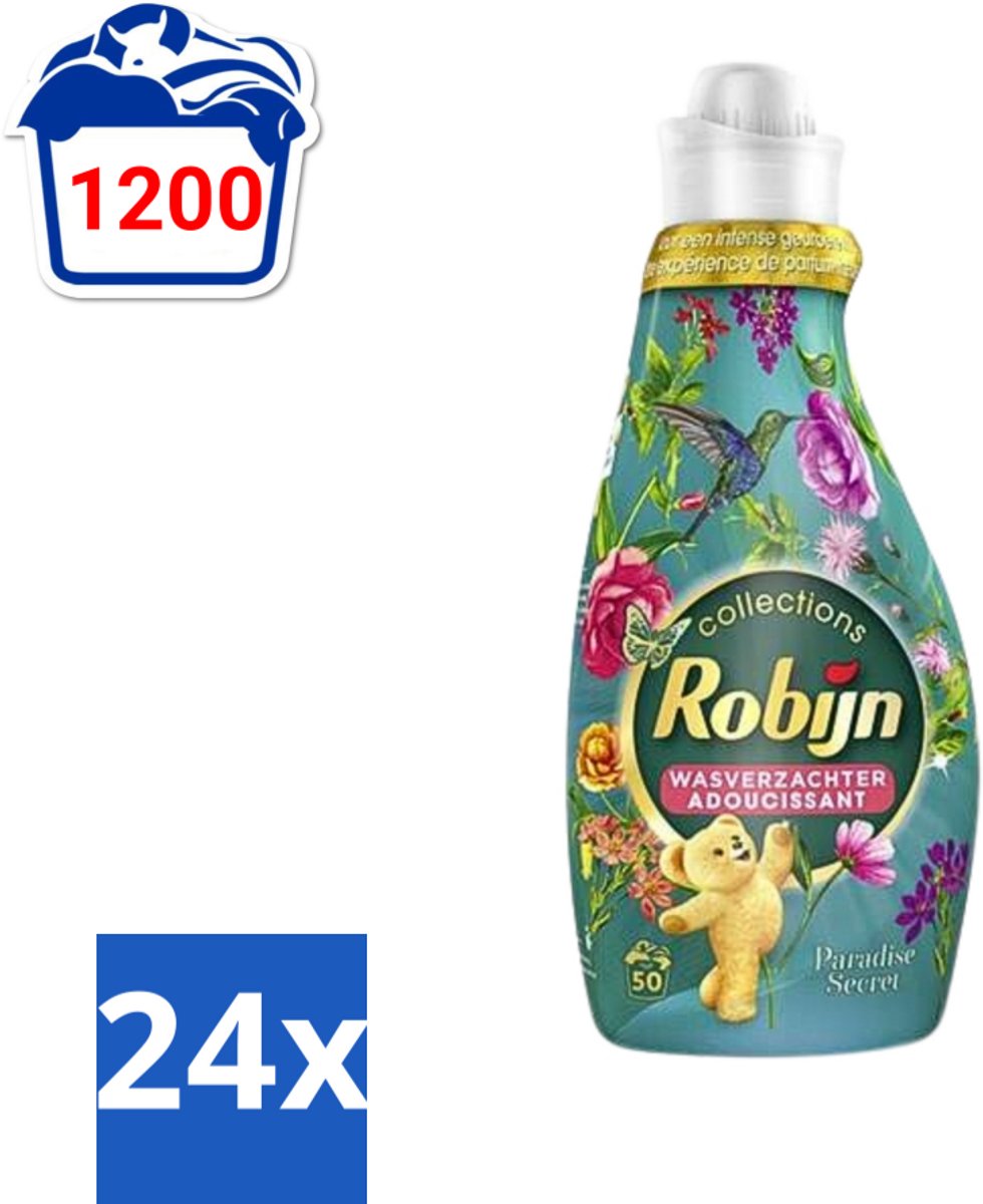 24 x Robijn Collections - Wasverzachter - Paradise Secret - 1,25L - 50 Wasbeurten - Wasverzachter - Wasparfum - Zijdezacht - Luxe Was - Botanische Wasverzachter