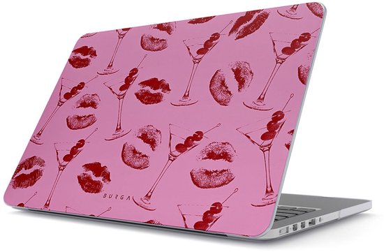 Housse d'ordinateur portable rose avec des empreintes de lèvres rouges et des verres à martini avec des cerises.