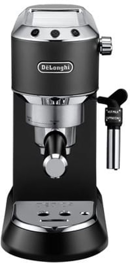 Zwarte De'Longhi Dedica Style pistonmachine met chromen accenten en het De'Longhi logo.