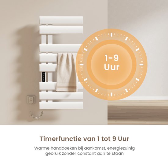 Witte elektrische handdoekradiator met een timerfunctie van 1 tot 9 uur, met een handdoek erop.