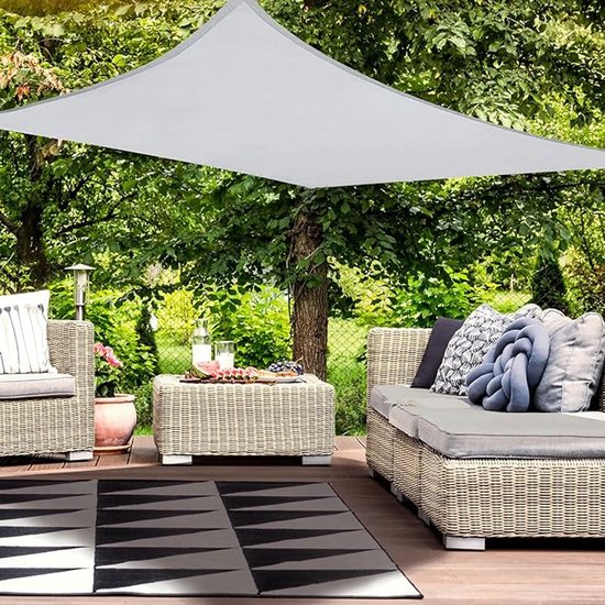 Zonnezeil, waterdicht, rechthoekig, 4 x 5 m, zonwering, terras, uv-bescherming, weerbestendig, zonder boren, 100% polyester, schaduwnet met inslagringen en touw, voor pergola, lichtgrijs