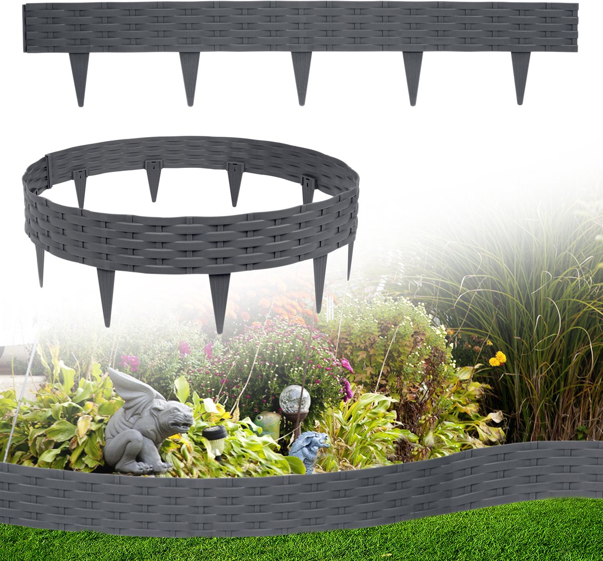 Aufun 5m Kunststof beetranding Borderrand - Rattanlook - Decoratieve palisade met maaikant - 5 stuks randstenen - Antraciet
