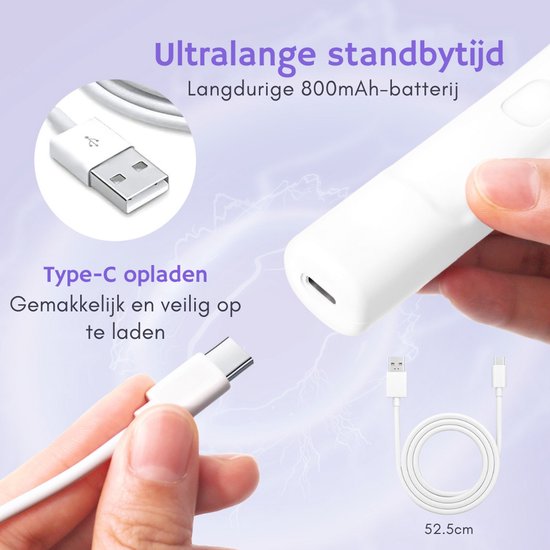 Stylo blanc électrique pour peinture diamant avec port de chargement Type-C, à côté d'un câble USB-C et d'un indicateur de charge.