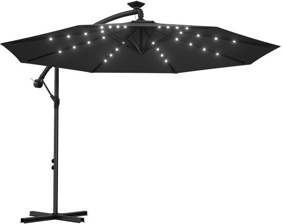 Froadp 3.5m Zweefparasol Aluminium ParasolVerkeerslicht Parasol met Zwengelmechanisme UV-Bescherming 40 Terrasparasol Tuinparasol met Standaard Marktparasol voor Tuin Balkon (met LED, Beige